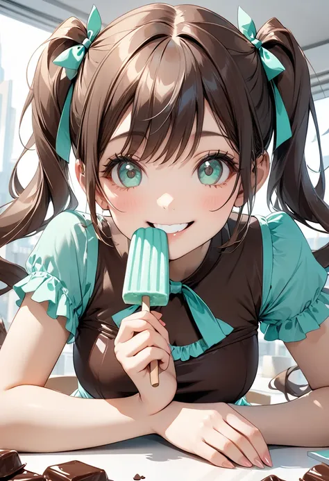 masterpiece, top quality, top image quality, detailed, beautiful, cute, art, one girl, girl eating a chocolate mint popsicle, sm...