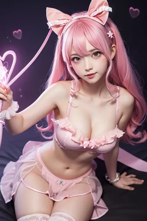 High resolution, 4K,Girl with pink hair, Small breasts, ゴージャスなMagical girlの衣装, Pink Eyes, Pink eyebrows, Well-formed face, Pink dress with ribbons and frills, I have a magic wand in my hand, The tip of the wand is a glowing pink heart., Designed to look li...