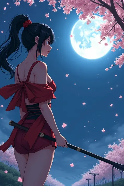 ((Highest quality)), ((masterpiece)), (detailed), As the petals of cherry blossoms flutter down at night、A maid with black hair and a ponytail looks up at the sky with a spear in her hand.,A beautiful ninja dressed like a samurai, wearing a short red kimon...