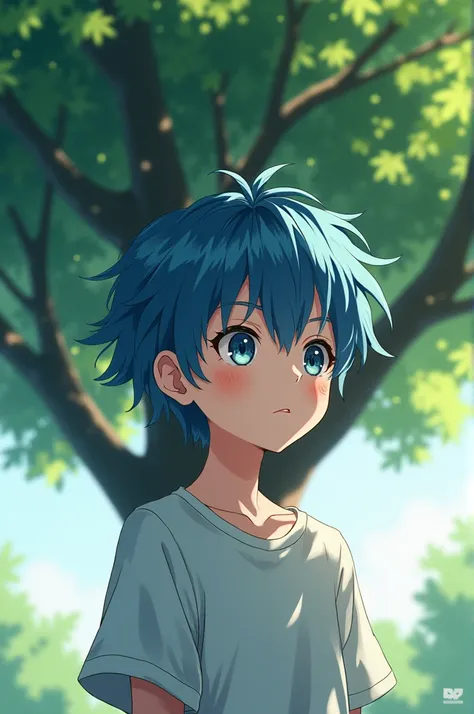 Soft anime boy with short messy blue hair and bright grey eyes. He stand in front of a tree