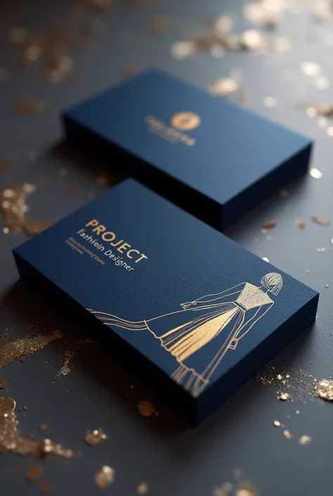 A classy and trendy business card with the company name "Project Fashion Designer" in dark blue with gold details. The top of the card is blank and the bottom is larger. The card has a classy design with a delicate illustration of a fashion sketch.