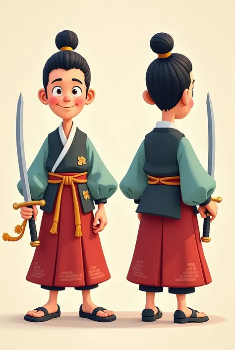 "Design a front and back view of a traditional Korean warrior in Pixar style. The warrior should be depicted in a playful and vibrant manner. He is wearing traditional Korean hanbok and holding a sword in one hand. His hairstyle is a traditional topknot. E...