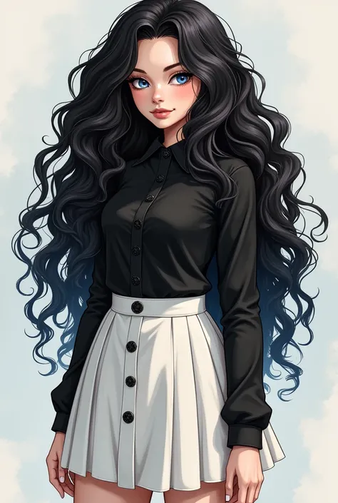 ((best qualityer: 0,8)), ((Masterpiece artwork)), (detailded), 1 garota, long curly hair, blackw, gorgeous eyes, blue, long black blouse, long sleeves, white skirt, half-length, black, black all star sneakers, skin fair. 
