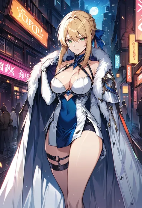 score_9, score_8_up, score_7_up, score_6_up, rating_safe, source_anime, BREAK Stylistic image of Artoria Pendragon (blonde, braid, ribbon, hair ribbon:1.2), sexy smirk, BREAK tight halter skirt, high heels, choker, cleavage, BREAK walking in downtown Tokyo...