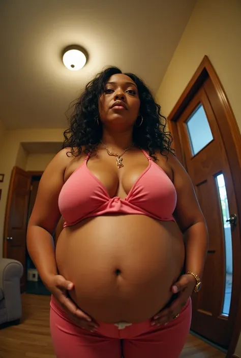 Your POV when in front of you is Cardi B&#39;s plus size stepmother who is 9 months pregnant and is asking you while bringing a snack at home. fisheye camera view, iphone camera style. HD, realface, cinematic