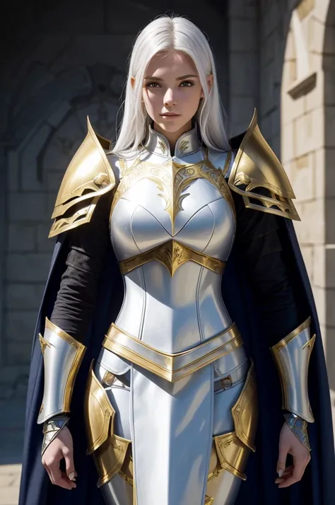 arafed image of a man dressed in armor and a cape, render of heavy fantasy armor, pale porcelain white and gold armor, female knight, with sleek porcelain white and gold armor, female armor, sleek porcelain white and gold armor, with sleek porcelain white ...