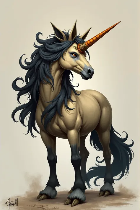 Character inspired by a unicorn with a unicorn body unicorn hair a unicorn tail that is beige mixed with black and gray unicorn arms beige mixed with black and grayish unicorn legs a unicorn horn with an orange ring decorated with gold disappointed is a da...