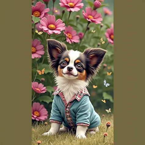 Masterpiece, high quality, 4K wallpaper, 8K resolution, a single Papillon puppy, party color, dressed in American casual attire, highly detailed eyes, extremely fine particles, exquisitely detailed pop art, highly intricate CG, complex details, stunning ba...