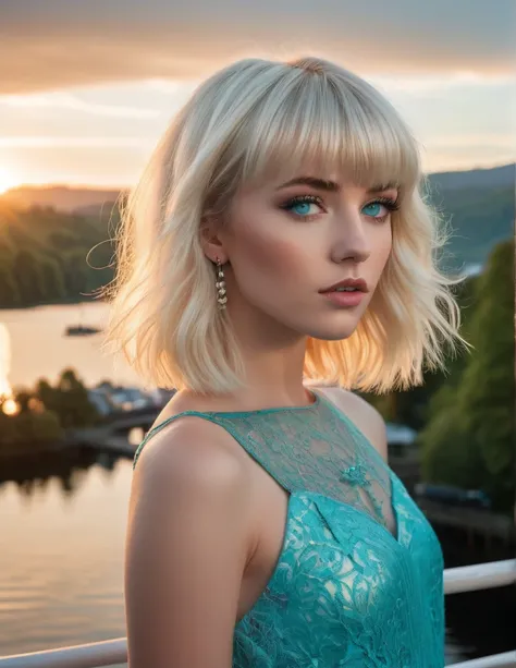 A stunningly beautiful young woman, with flawless porcelain skin and piercing turquoise eyes, stands on a pier overlooking Windermere at sunset. Her platinum blonde bob hair, styled with bangs, frames her delicate features as she gazes into the distance. T...