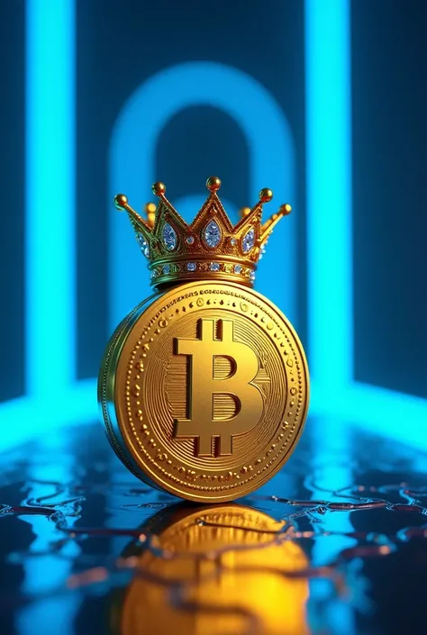 A Coin wear a golden crown and background are blue neon light 
