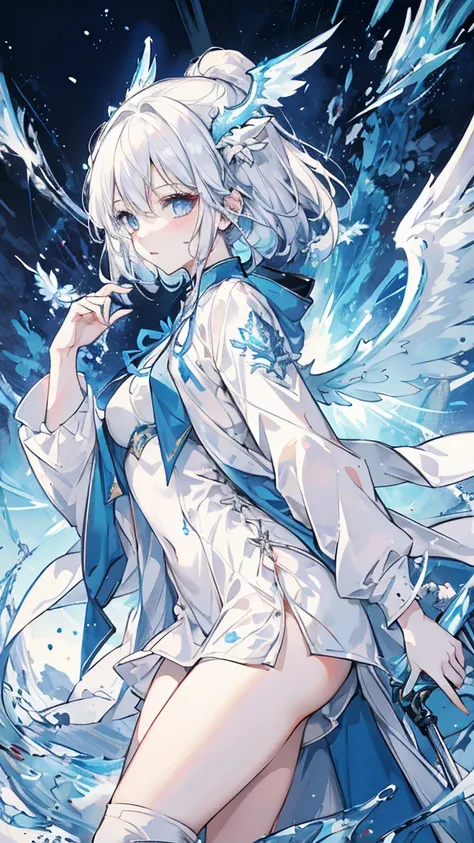 snow white hair，Blue eyes，White military uniform and light blue windbreaker，frozen dragon wings，White Ice Dragon