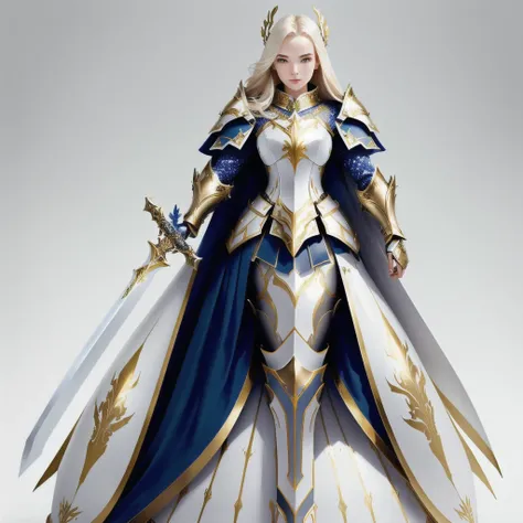 arafed woman in a porcelain white and gold outfit holding a sword, beautiful female knight, girl in knight armor, of a beautiful female knight, female knight, with sleek porcelain white and gold  armor, with sleek porcelain white and gold metal armor, full...