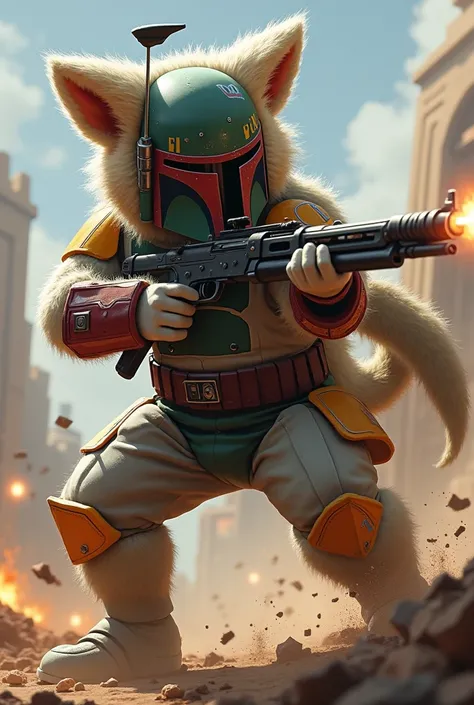 I want an image of Boba Fett with furry features, just ears and fluffy tail and aiming his blaster while in combat 