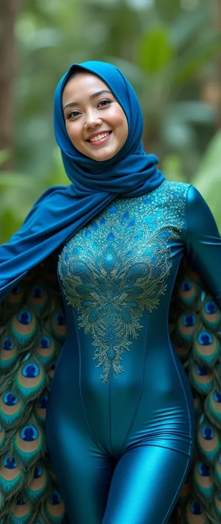 The beautiful Muslim asian adult girl with beautiful cheeks wears peacock lycra turtleneck unitard catsuit with large peacock tail and peacock lycra elastane stretchy dancewear inner hijab with peacock feather.She is happy.She always put real peacock eyesh...