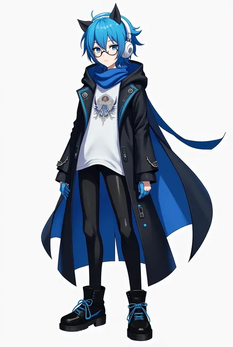 Black coat wearing,blue hair,round circle glasses,blue eye,white tshirt,blue maflar,blue small cloak,white big headphones,black shoes,black pants