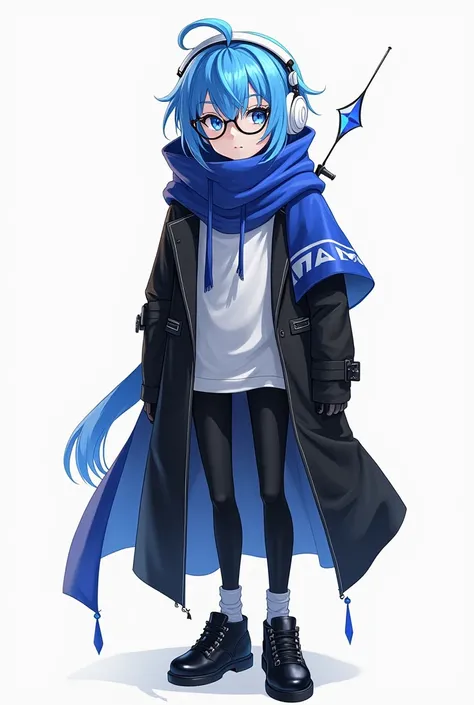 Black coat wearing,blue hair,round circle glasses,blue eye,white tshirt,blue maflar,blue small cloak,white big headphones,black shoes,black pants