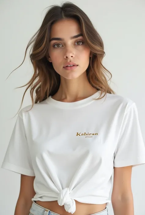 A female Model who wear white colour t shirt and stand in different poses And at background a text is written in English " KABIRAN Styles " make sure A same model in different poses 