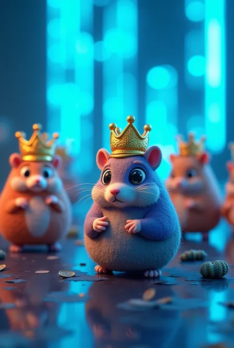 Many Coin like hamster , Blum , tomatoe, cat , pixel verse . wear a golden crown and background are blue neon light 
