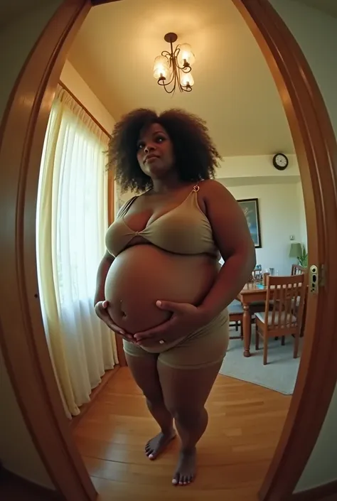  POV when in front of you is Cardi B&#39;s stepmother with a plus size body who is 9 months pregnant and is asking you while bringing a snack at home. fisheye camera view, iphone camera style. HD, realface, cinematic, extreme long shot