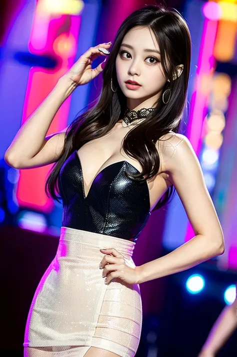 Tzuyu 1, woman, (Realistic), (Hyperrealism), (photoRealistic), Written boundary depth, eye make up:0.7 (whole body:1.8), (Large Bust),(Tight waist), Observe the audience,
