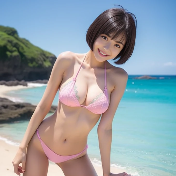 「A young and cute busty beauty、With a short cut hairstyle、A picture of her on the beach wearing a lacy micro bikini。She has big eyes and a cute smile、Her pink cheeks are charming.。Skin is smoother and brighter、Her short hair is blowing in the summer breeze...