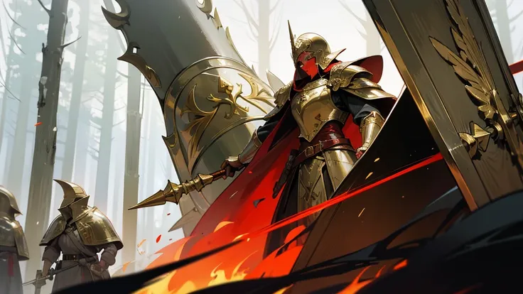 Tall warrior in grey armor, gold plated jewelry, red cloak, closed cuirassier helmet, large shield in left hand, spear in his right hand, burning forest in the background. anime, elf, huge army in the background