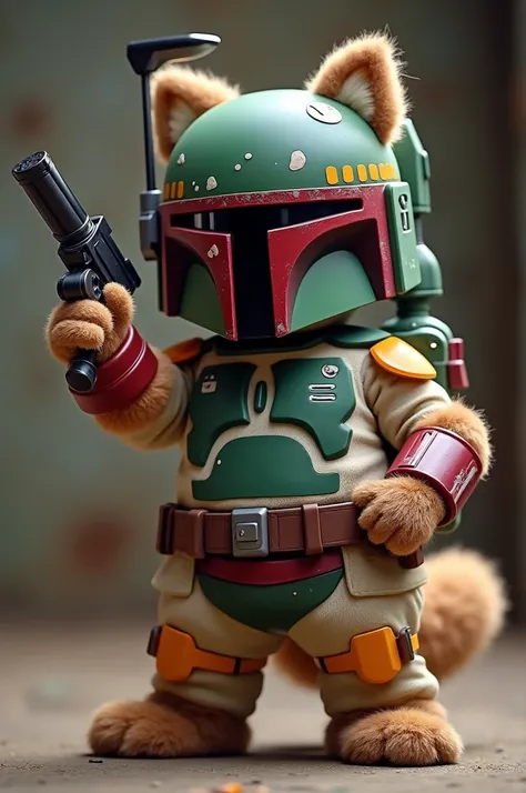 I want an image of Boba Fett with furry features, just ears and fluffy tail and pointing his blaster 
