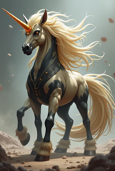 Character inspired by a unicorn with a unicorn body unicorn hair a unicorn tail that is beige mixed with black and gray two unicorn arms beige mixed with black and grayish two unicorn legs a unicorn horn with an orange ring decorated with gold disappointed...