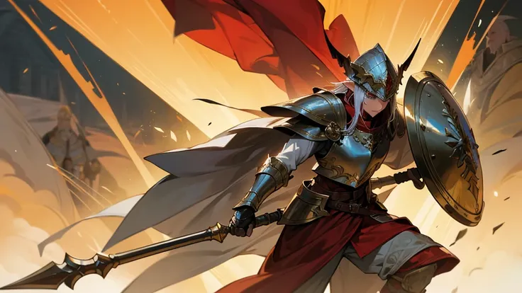 High Elf Warrior in Grey Armor, gold plated jewelry, red cloak, closed cuirassier helmet, large shield in left hand, spear in his right hand, burning village in the background. anime, huge army in the background