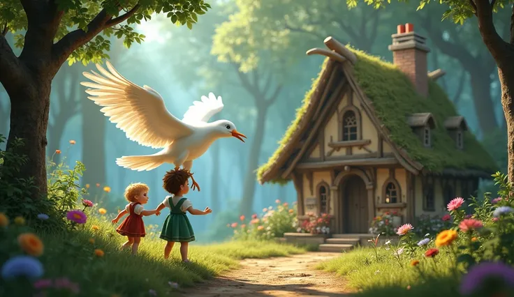 Hansel and Gretel. Beautiful white bird, little house find.