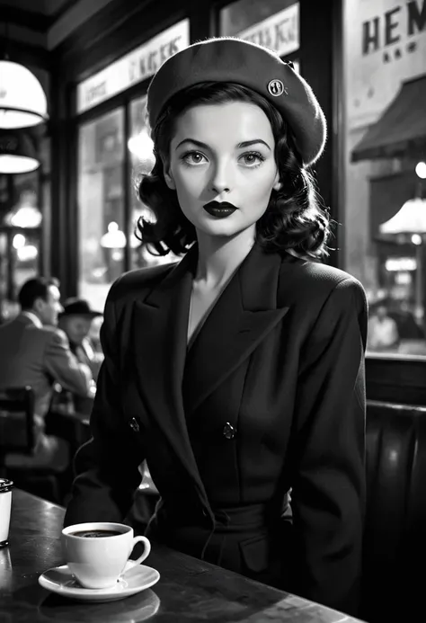 filmnoir1944, 1940s style,(monochrome).(rule of thirds),((hyper-realistic illustration:1.4)) In cafe, drinking coffee,Beautiful 27 yo woman, brunette, 1940s fashion, mascara, lipstick, slim. beret, blazer, blouse, long skirt, pantyhose, high heels. dark mo...