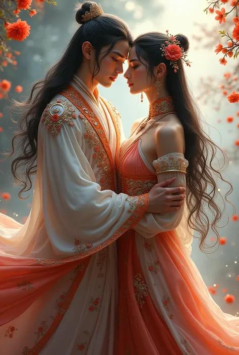 Couple Boy+boy , (emperor outfit+ blue dress))), flowers, jewelry, long sleeves, wide sleeves, chinese clothes, hanfu, embroidery, long skirt, long flowing hair, detailed face, detailed beautiful eyes, (intricate:1.3), (arcane aura:1.2), (dreamlike:1.3), (...