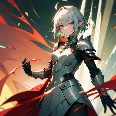 Elf, silver hair,short hair, medium cut, ahoge, curly hair, green eyes, slender, fair skin, red and black armor, mystic knight