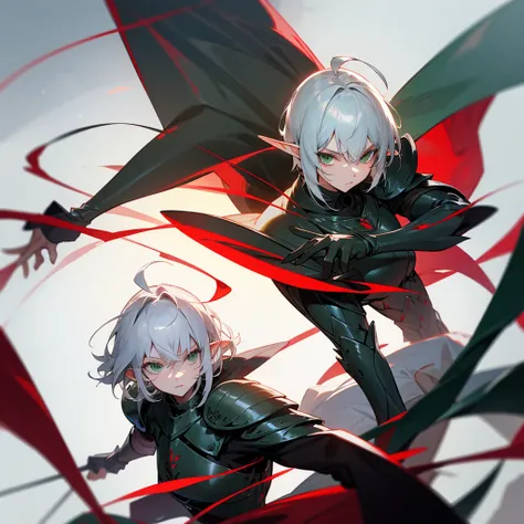 Elf, silver hair,short hair, medium cut, ahoge, curly hair, green eyes, slender, fair skin, red and black armor, mystic knight