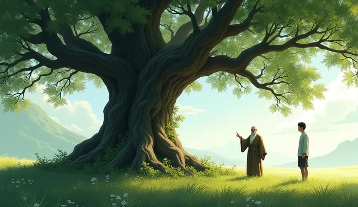 Both characters stand near a large, ancient oak tree with deep roots. The tree’s branches spread wide, providing shade and symbolizing strength and resilience
Illustrate an old Zen master and a young man standing near a large oak tree. The tree is ancient ...