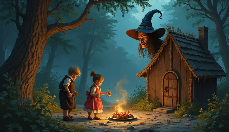 Hansel and Gretel. The Witchs Appearance, Pine Needles, Temptation, and Sumptuous Meals in the House.