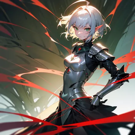 Elf, silver hair,short hair, medium cut, ahoge, curly hair, green eyes, slender, fair skin, red and black metallic armor, mystic knight, solo