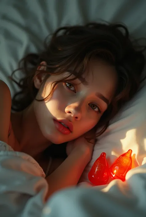 a beautiful girl lying on bed, condoms filled with cum floating around her, detailed face, intricate details, photorealistic, 8k, hyper detailed, realistic, detailed skin, high quality, masterpiece, gorgeous lighting, cinematic shot, dramatic lighting, dra...