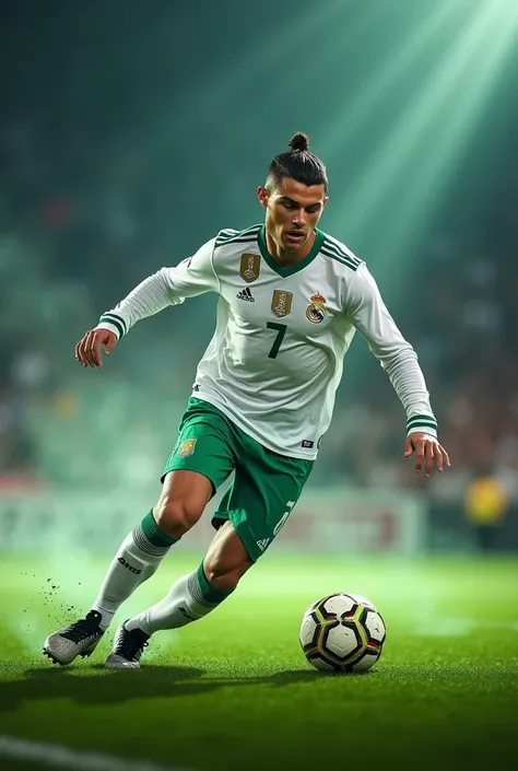 A striking image for the cover of a YouTube channel about football and Cristiano Ronaldo could include a dynamic action of the player, with his iconic number 7 prominently displayed. Vibrant colors like the green of the field and the white of your team wou...