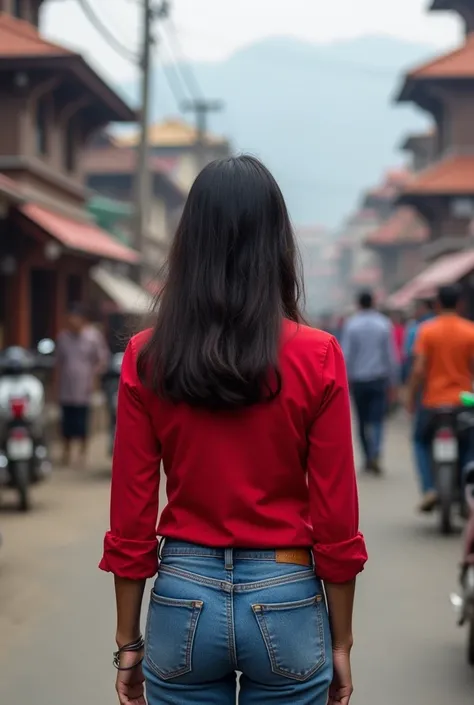 Back side of nepali girl putting red kurtha with blue jeans in kathmandu city real person photo