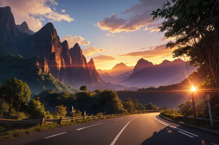 masterpiece, enhancer image, simetric, ultra realistic, cinematic light, sunset, road, jungle landfield, traffic sign, montains