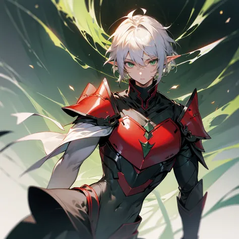 Elf, silver hair,short hair, medium cut, ahoge, curly hair, green eyes, slender, fair skin, red and black metallic armor, mystic knight, solo, male