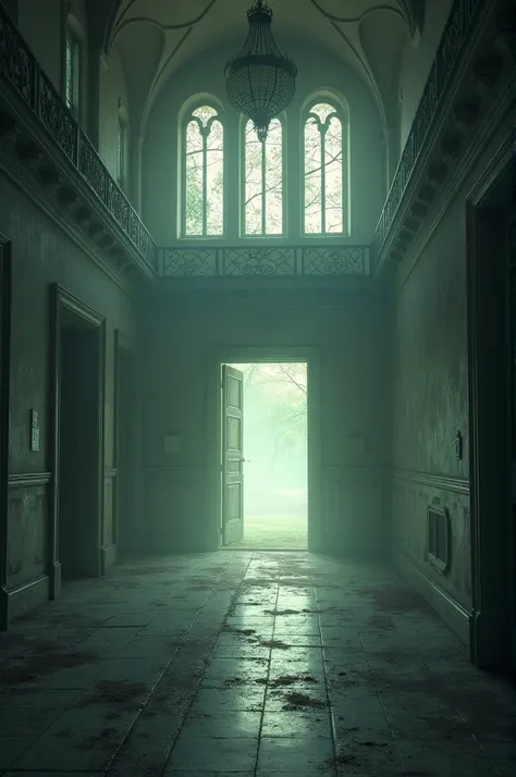 Final Scene of Peace:**
   - "An empty, eerie mansion at dawn, with a sense of calmness. The once-terrifying environment now appears serene and tranquil, with soft, morning light filtering through."