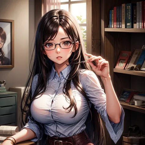 long dark hair / big tits / brown eyes / glasses