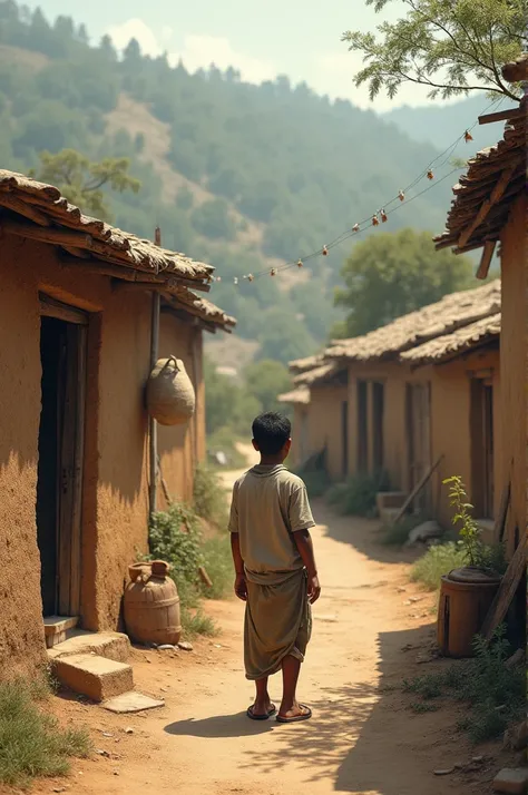  A small, impoverished village with mud houses, narrow paths, and people dressed in simple clothes, with a small boy named Ravi standing in front of a tiny hut.