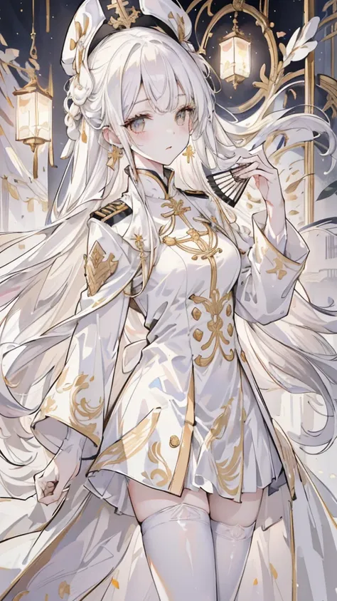 (best quality, High resolution, Super detailed:1.2), beautiful long white hair, Stunning golden eyes, Beautifully designed white folding fan, Bailongjiao, elegant lights, pastel color palette，White military uniform and gold trench coat，white stockings