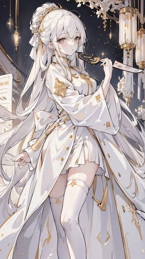 (best quality, High resolution, Super detailed:1.2), beautiful long white hair, Stunning golden eyes, Beautifully designed white folding fan, Bailongjiao, elegant lights, pastel color palette，White military uniform and gold trench coat，white stockings