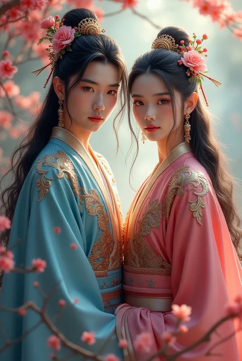 Couple of young mans, (( 1. Emperor outfit 2. Blue ))), flowers, jewelry, long sleeves, wide sleeves, chinese clothes, hanfu, embroidery, long skirt, long flowing  hair, detailed face, detailed beautiful eyes, (intricate:1.3), (arcane aura:1.2), (dreamlike...