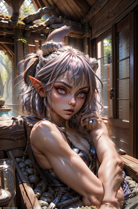 a close-up portrait of a beautiful female gnome character with sabrina, lavender hair, short hair and blunt bangs. she has a ser...