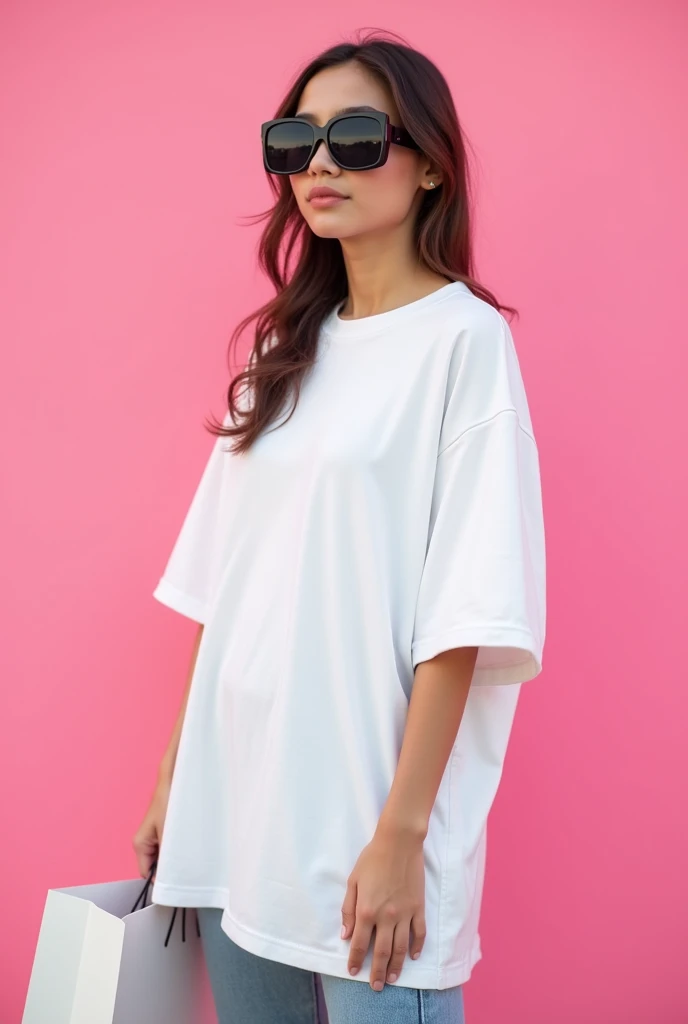 Same girl with the pink background and the t -shirt colour is pure white and full size t shirt and the girl wear a black colour googles and a shopping bag in her hand .